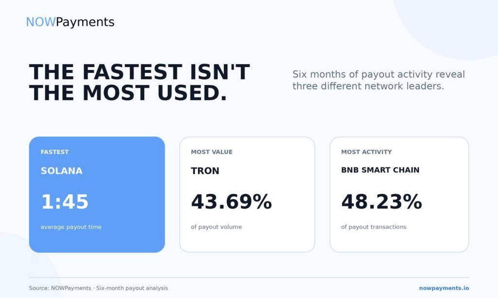 NOWPayments graphic showing Solana fastest at 1:45 average payout time, TRON leading payout volume at 43.69%, and BNB Smart Chain leading payout transactions at 48.23%
