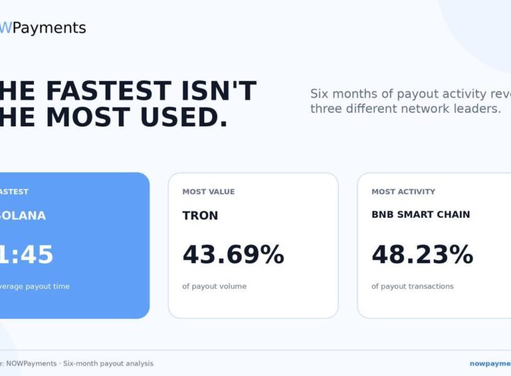 NOWPayments graphic showing Solana fastest at 1:45 average payout time, TRON leading payout volume at 43.69%, and BNB Smart Chain leading payout transactions at 48.23%