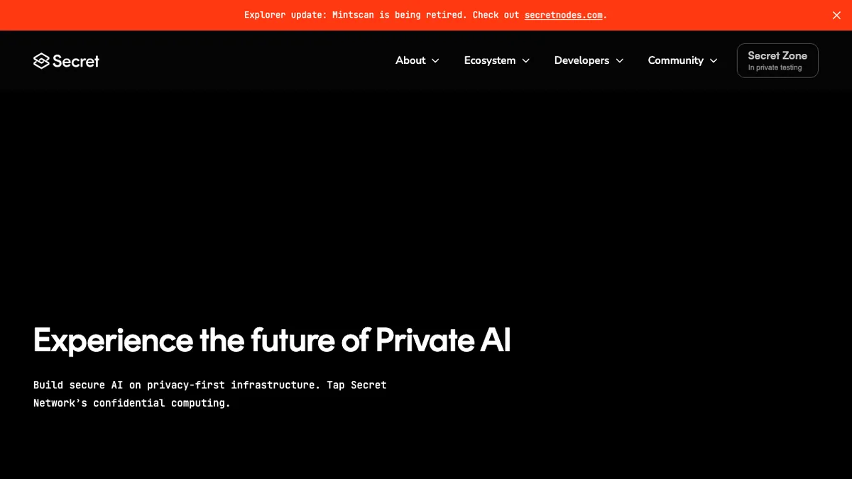 Secret Network (SCRT) homepage screenshot, reviewed among crypto projects (September 2026)