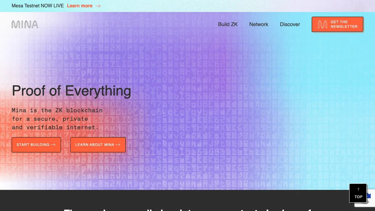 Mina Protocol (MINA) homepage screenshot, reviewed among crypto projects (September 2026)